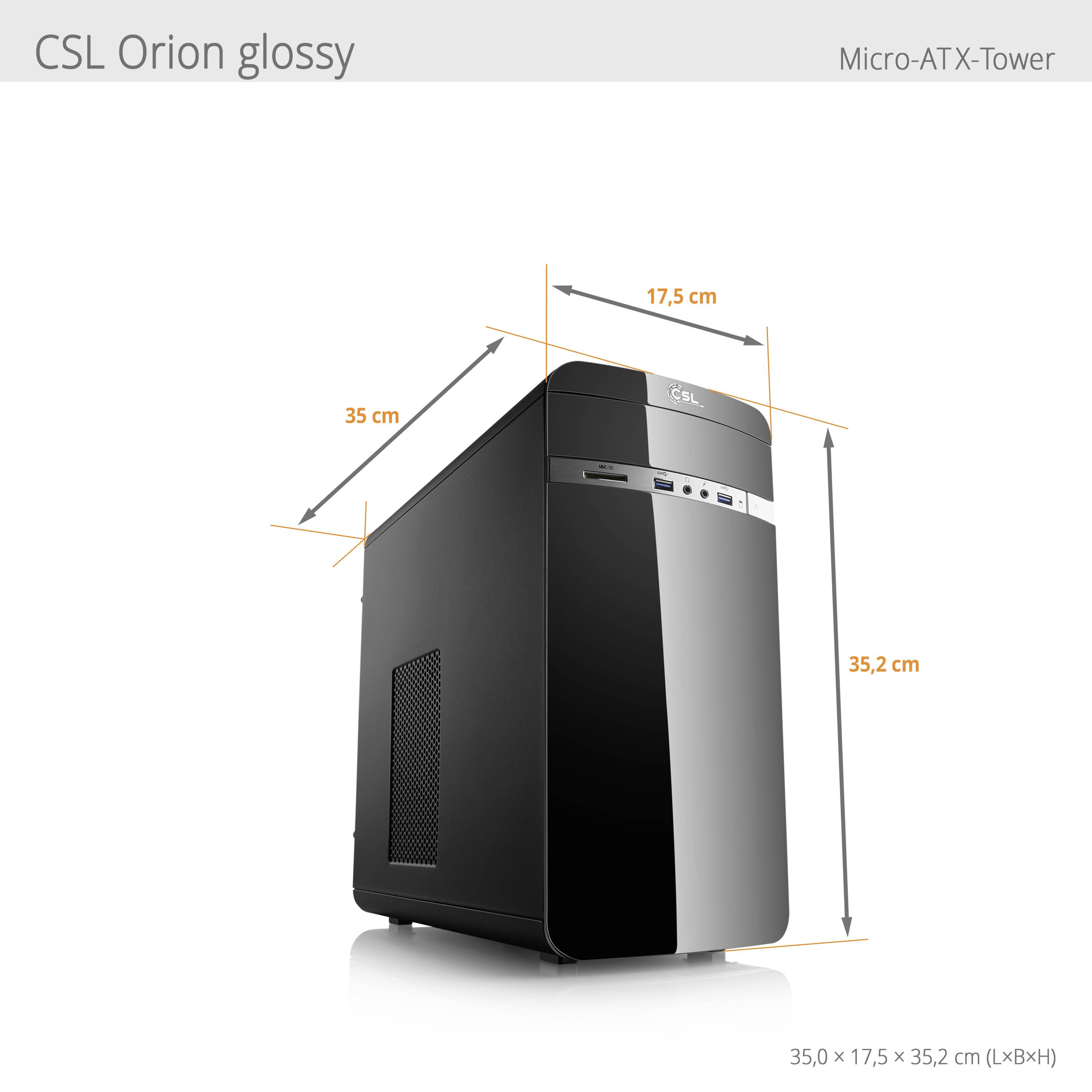 Schwarzes Micro-ATX-Tower-Gehäuse mit glänzender Oberfläche, Maße: 35 cm lang, 17,5 cm breit, 35,2 cm hoch. Markenname "CSL Orion".