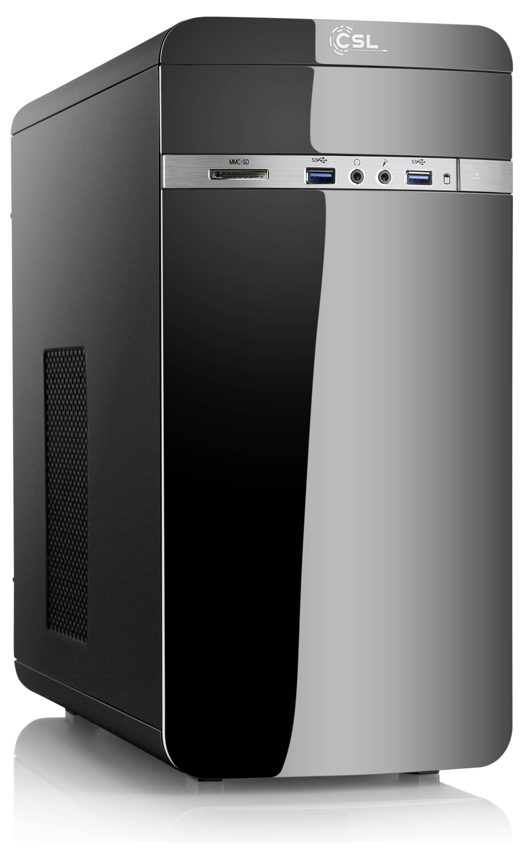 Schwarzes Computergehäuse mit glänzender Front. Oben befinden sich Anschlüsse und ein Markenlogo.