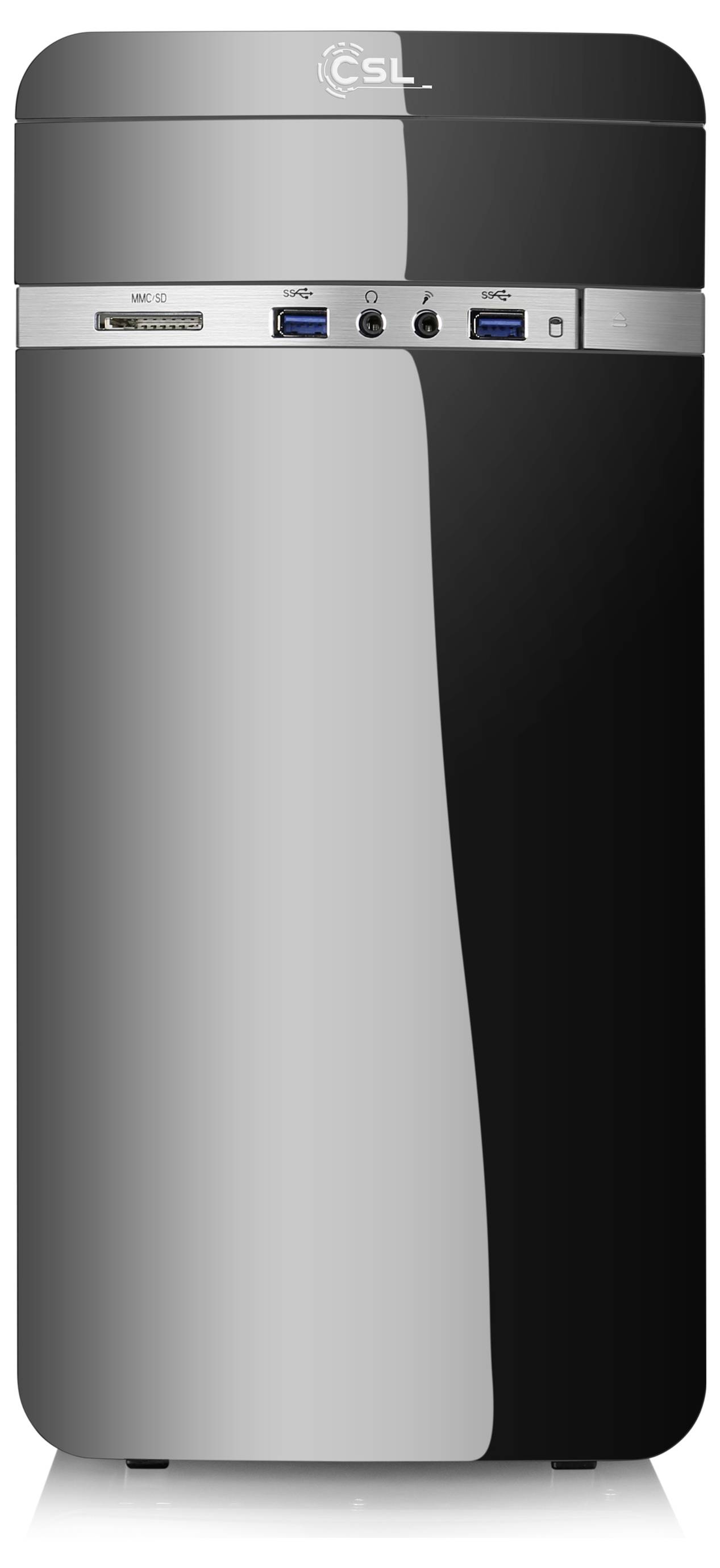 Schwarzer Computer-Tower mit USB-Anschlüssen und Audio-Buchsen an der Vorderseite, oben steht 'CSL'.