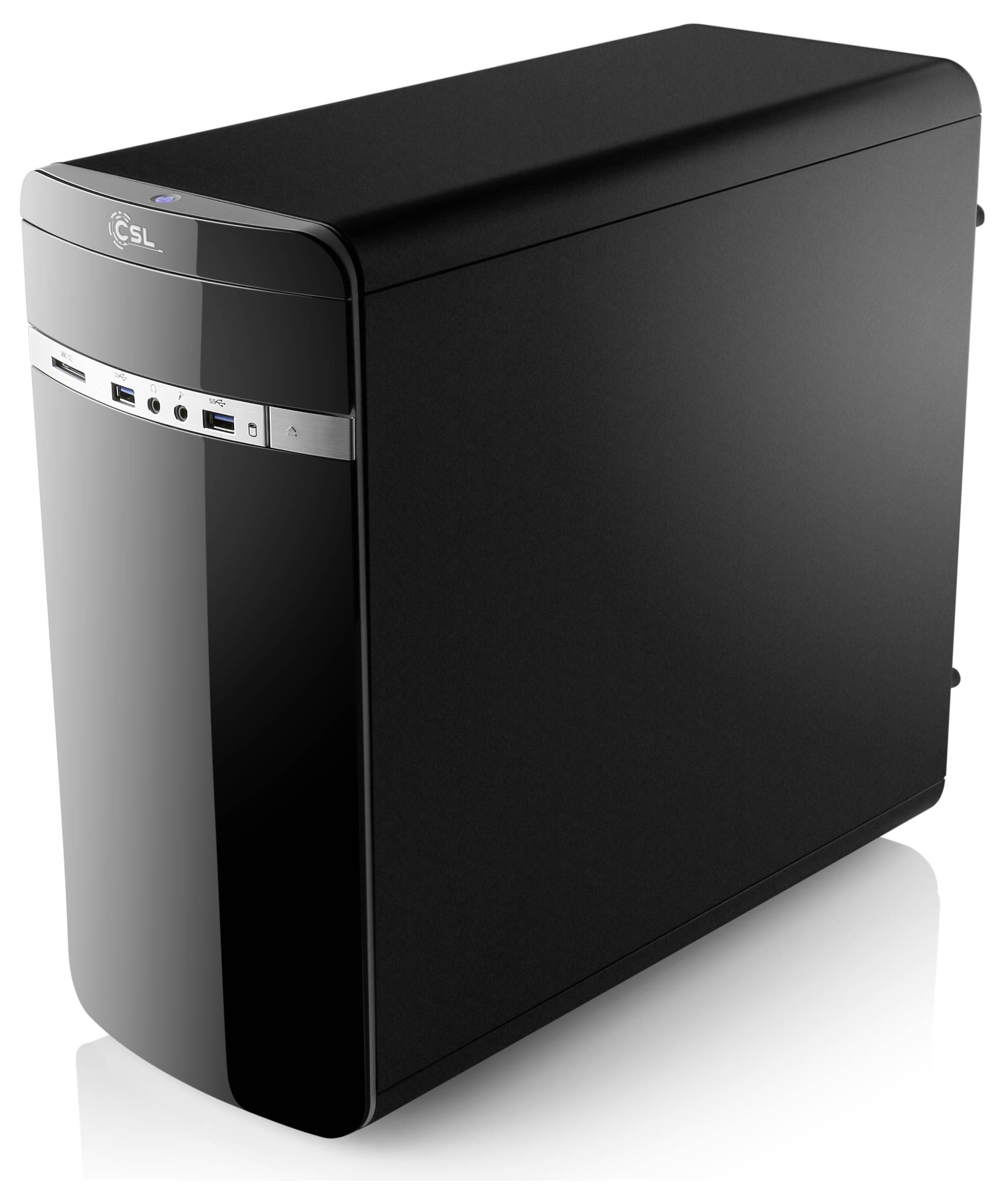 Schwarzes Desktop-PC-Gehäuse mit USB- und Audio-Anschlüssen an der Vorderseite. Minimalistisches Design, geeignet für den Bürogebrauch.