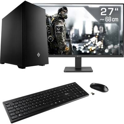 Ein Desktop-Computer-Setup mit einem schwarzen Gehäuse, einem Monitor, der einen Videospielcharakter zeigt, sowie Tastatur und Maus.