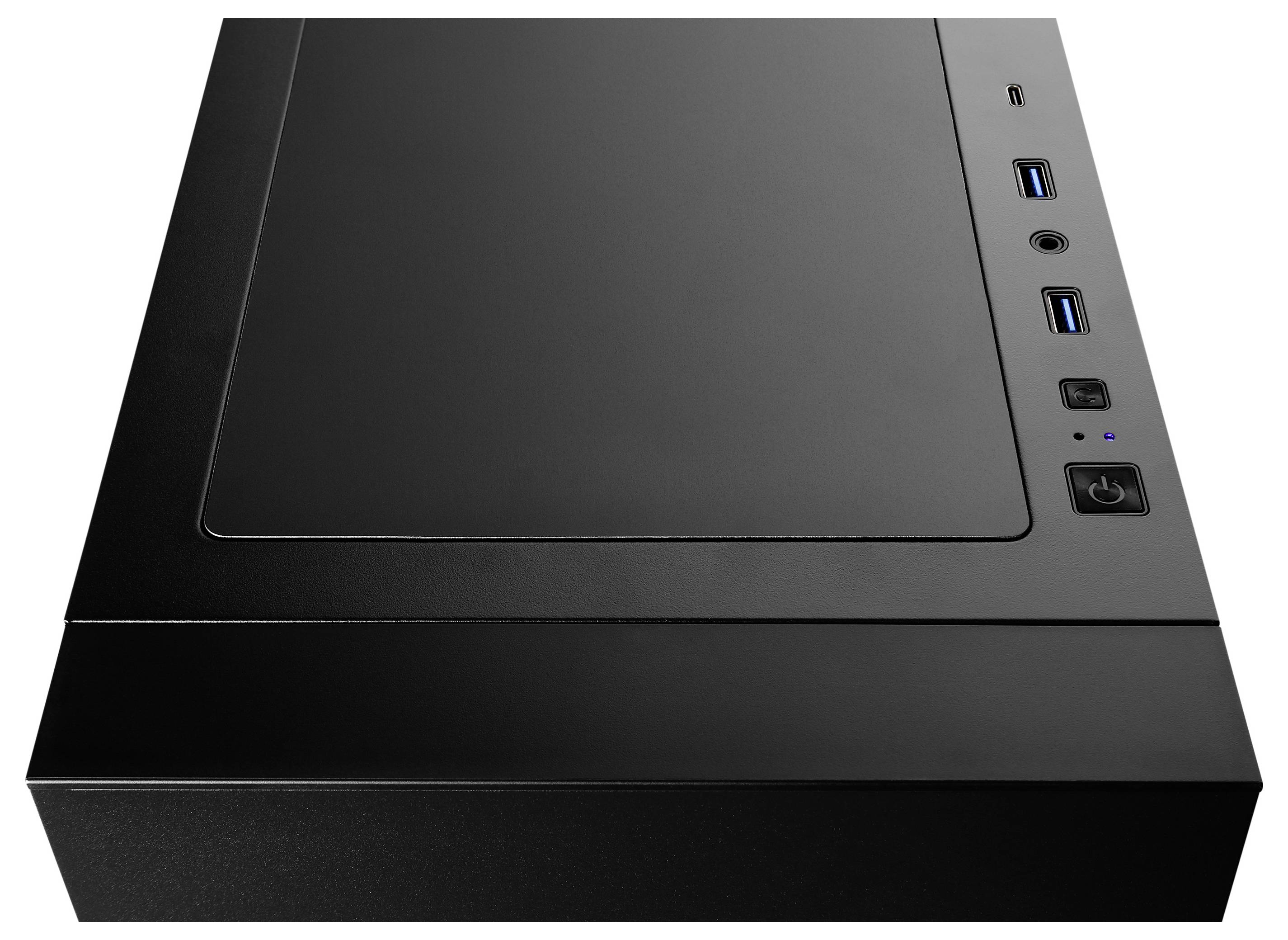 Schwarzes Computergehäuse mit mehreren USB-Anschlüssen und einem Ein-/Ausschalter auf der Oberseite. Minimalistisches Design.