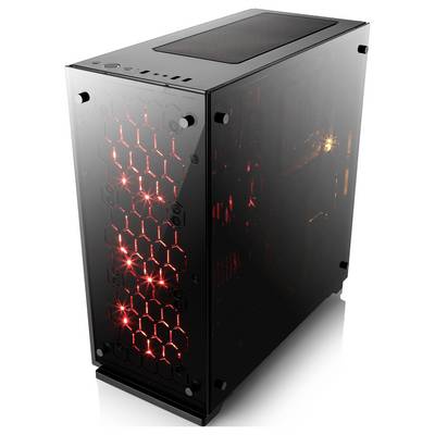 Ein schwarzes Computergehäuse mit transparenten Seiten und rot leuchtenden Ventilatoren an der Vorderseite.