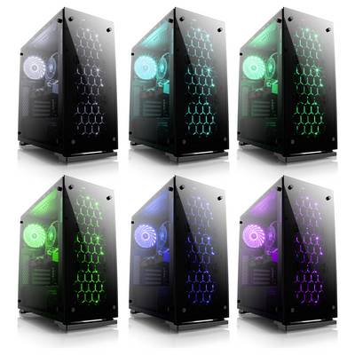 Sechs Computergehäuse mit wechselnder LED-Beleuchtung in grün, blau und lila. Transparente Fronten zeigen interne Lüfter.