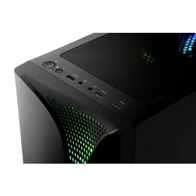 Ein schwarzes Computergehäuse mit grüner Beleuchtung und mehreren USB-Anschlüssen auf der Vorderseite.
