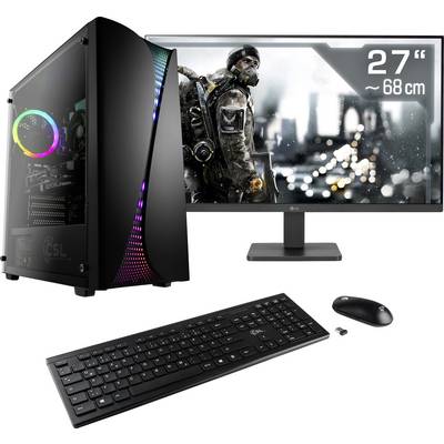 Ein Gaming-PC-Setup mit einem 27-Zoll-Monitor, der ein actionreiches Spiel zeigt, samt Tastatur und Maus.