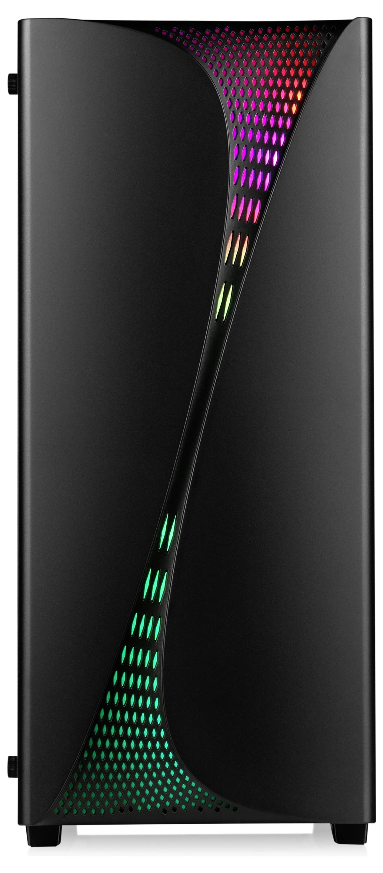 Schwarzes Computergehäuse mit geschwungenem RGB-Lichtstreifen an der Vorderseite, der von oben nach unten verläuft.