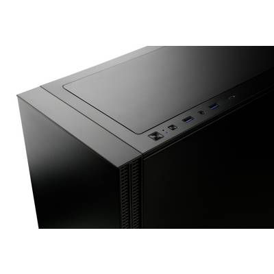 Schwarzes Computergehäuse mit USB-Ports und Power-Button oben. Das Gehäuse hat eine glatte Oberfläche und ein schlichtes Design.