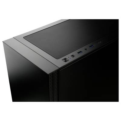 Ein schwarzes Computergehäuse mit USB-Ports und einem Netzschalter auf der Oberseite.