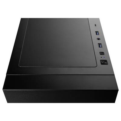 Schwarzes Computergehäuse mit sichtbaren USB-Anschlüssen und Power-Button an der Oberseite.