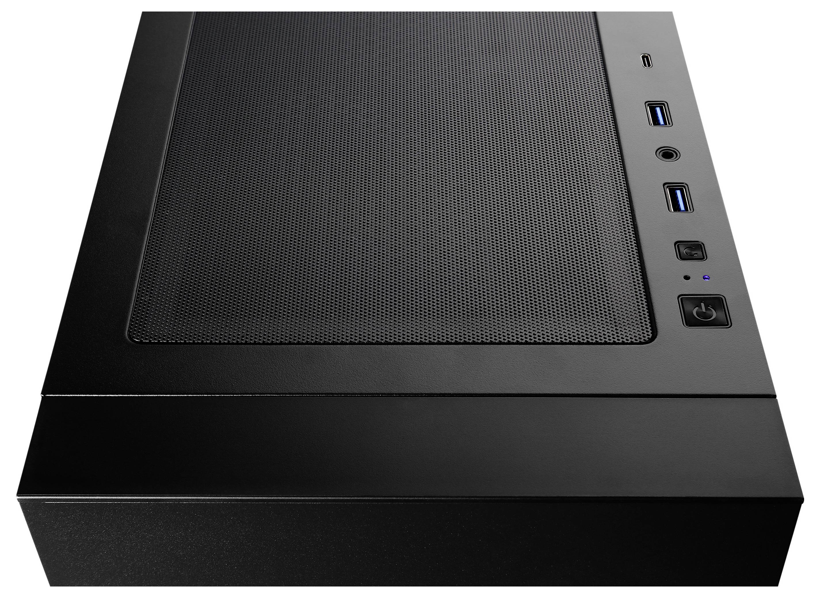 Schwarzes Computergehäuse, obere Nahaufnahme. Sichtbar sind die USB-Anschlüsse, Power- und Reset-Tasten auf der rechten Seite.
