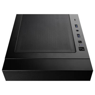 Schwarzes Computergehäuse, obere Nahaufnahme. Sichtbar sind die USB-Anschlüsse, Power- und Reset-Tasten auf der rechten Seite.