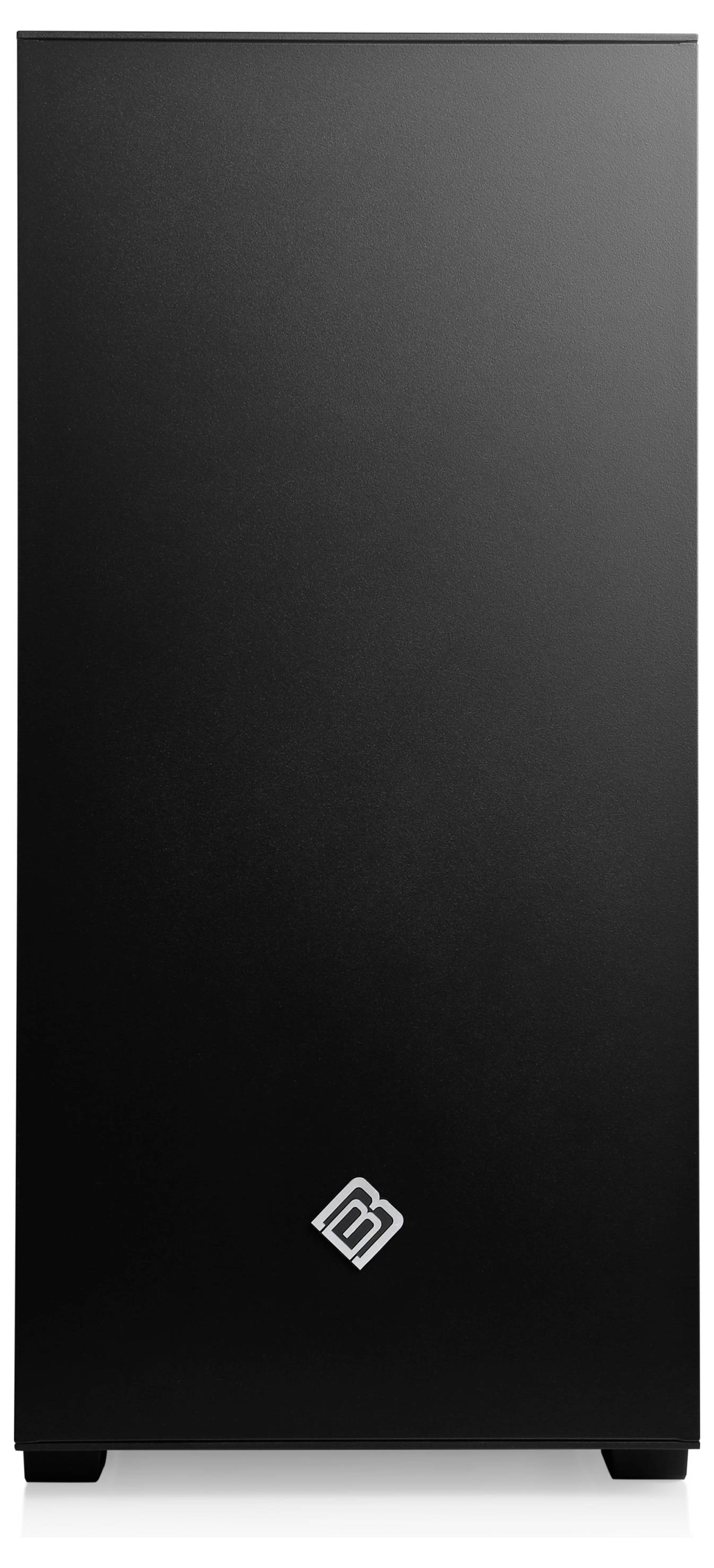 Ein schwarzes Computergehäuse mit schlichtem Design und einem kleinen Logo unten in der Mitte.