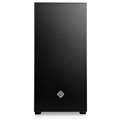 Ein schwarzes Computergehäuse mit schlichtem Design und einem kleinen Logo unten in der Mitte.