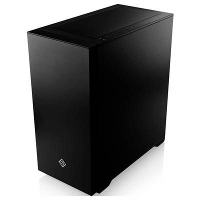Schwarzes, minimalistisches Computergehäuse auf weißem Hintergrund; rechteckige Form und schlichtes Design ohne sichtbare Marken.
