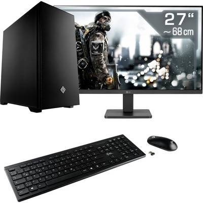 Schwarzer Computer mit Monitor, Tastatur und Maus. Auf dem Monitor ist ein Videospiel mit einem futuristischen Stadtbild zu sehen.