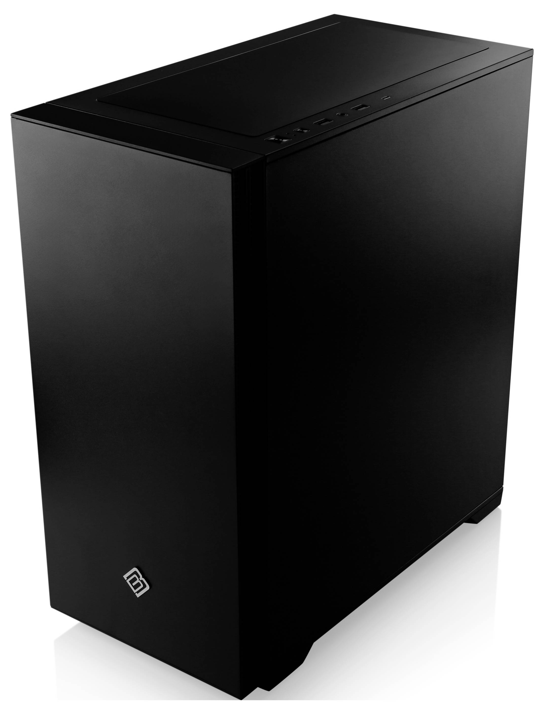 Schwarzes Computergehäuse mit minimalistischem Design, stehend auf einer reflektierenden Oberfläche.