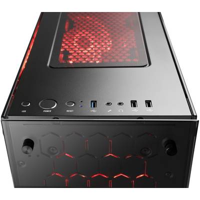 Schwarzes Computergehäuse mit roter LED-Beleuchtung an Ober- und Vorderseite. Sichtbar sind Anschlüsse und Power-Taste.
