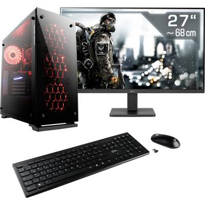 'Gaming-Setup mit PC-Gehäuse, Monitor, Tastatur und Maus. Der Monitor zeigt ein Videospiel mit einem Soldaten in urbaner Umgebung.'