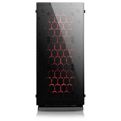 PC-Gehäuse mit schwarzem Gehäuse und roter LED-Beleuchtung in sechseckigem Muster auf der Front. Ideal für Gaming-Setups.