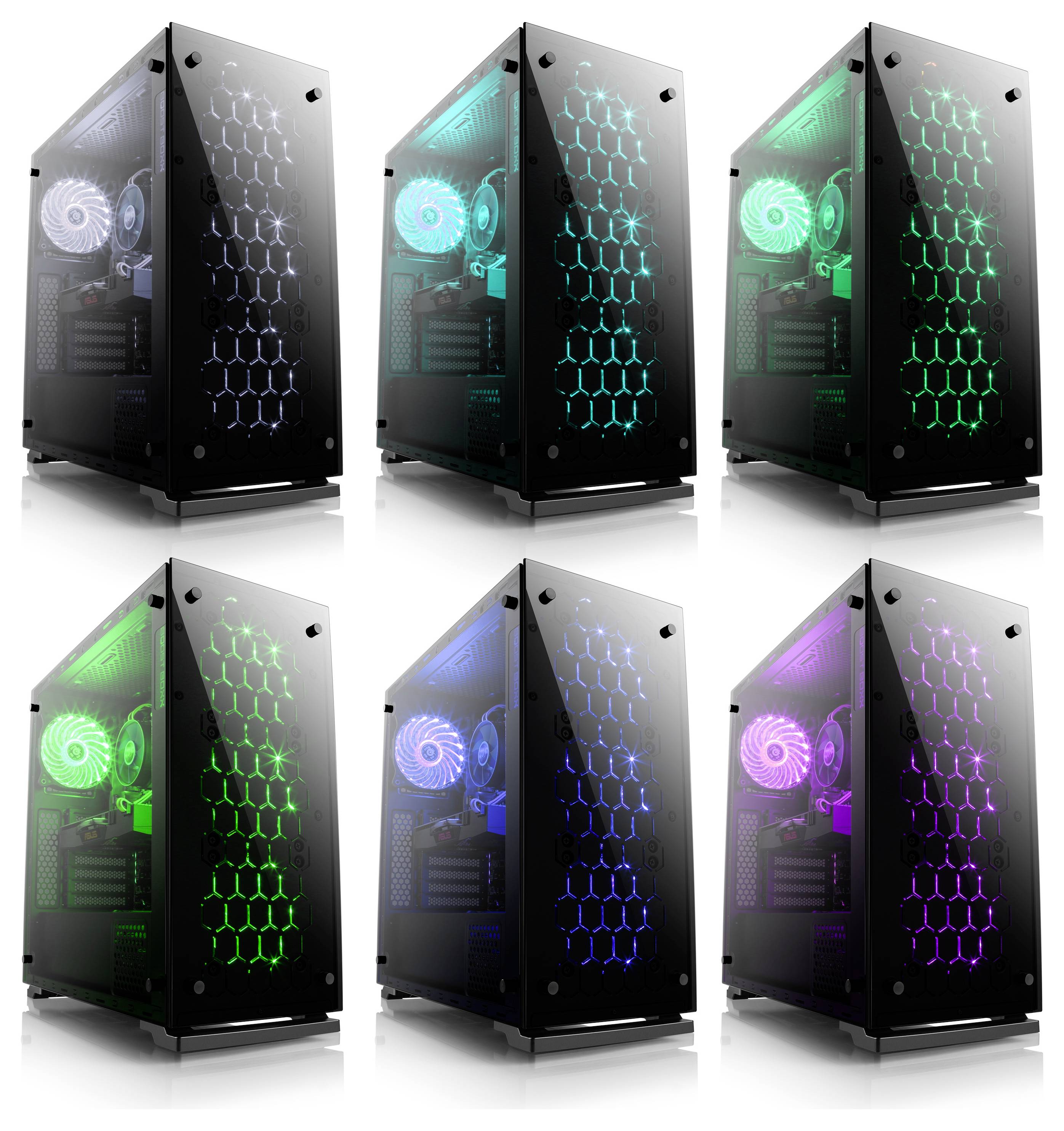 Sechs Computergehäuse mit bunter RGB-Beleuchtung, die je nach Gehäuse grün, blau oder lila leuchtet. Transparente Vorderseiten zeigen Innenkomponenten.