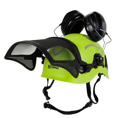 Grüner Schutzhelm mit integriertem Visier und Gehörschutz, geeignet für Arbeiten in der Forstwirtschaft und beim Holzeinschlag.