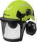 Ein leuchtend grüner Schutzhelm mit Visier und Gehörschutz, geeignet für Forstarbeiten, markiert mit 'ZIPPER'.
