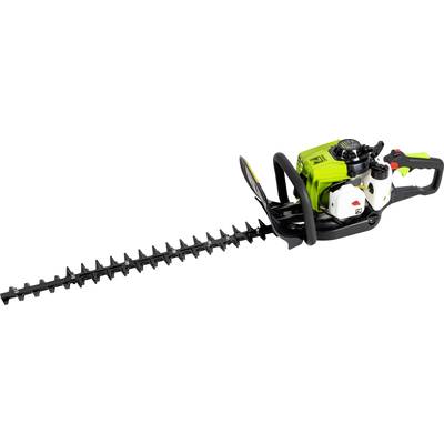 Eine grüne motorbetriebene Heckenschere mit schwarzem Griff und Sicherheitsbügel. Das Gerät hat eine doppelseitige Schneideklinge.