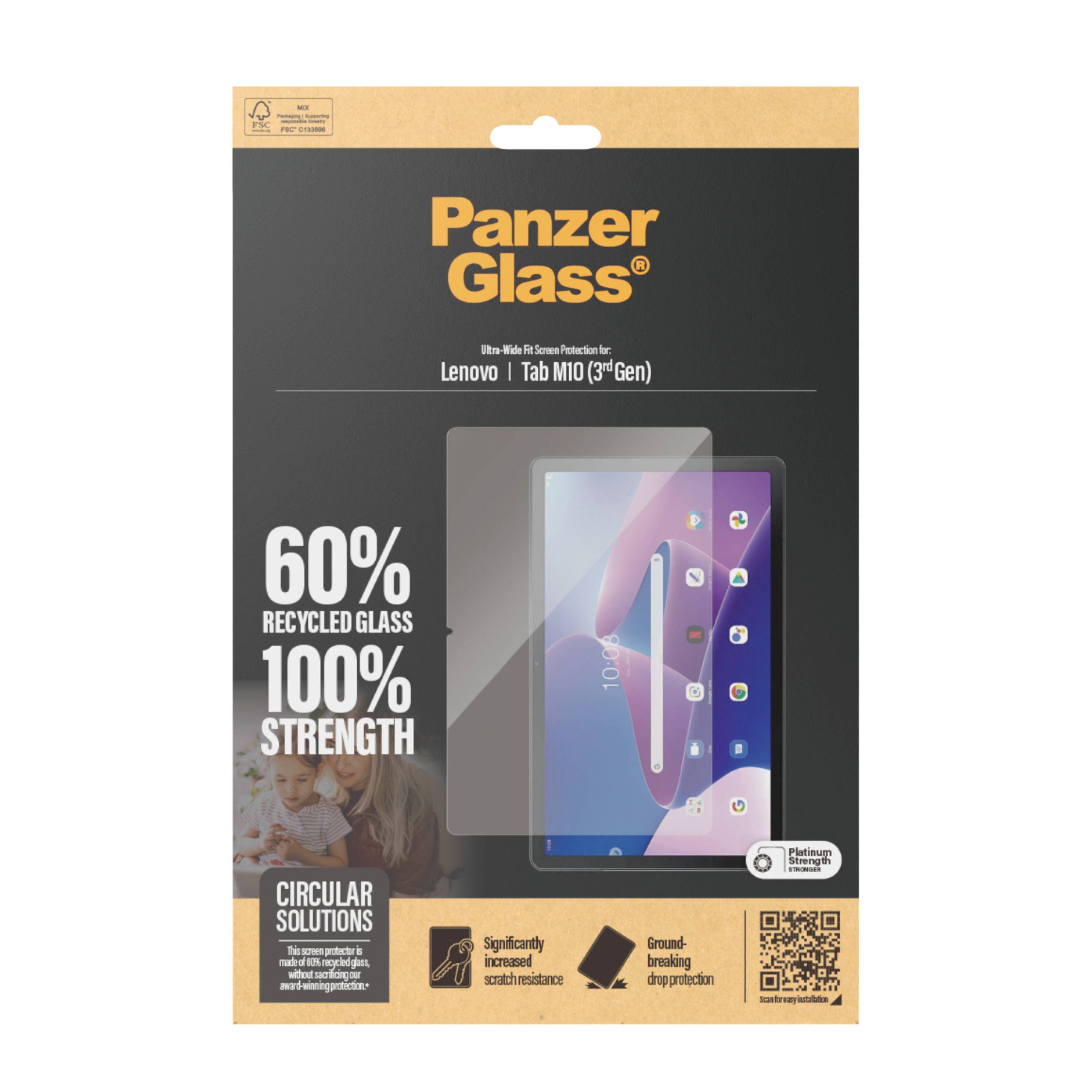 'PanzerGlass' Displayschutz für Lenovo Tab M10 (3. Gen), 60 % recyceltes Glas, 100 % Stärke, Verpackung mit Abbildungen und Text.