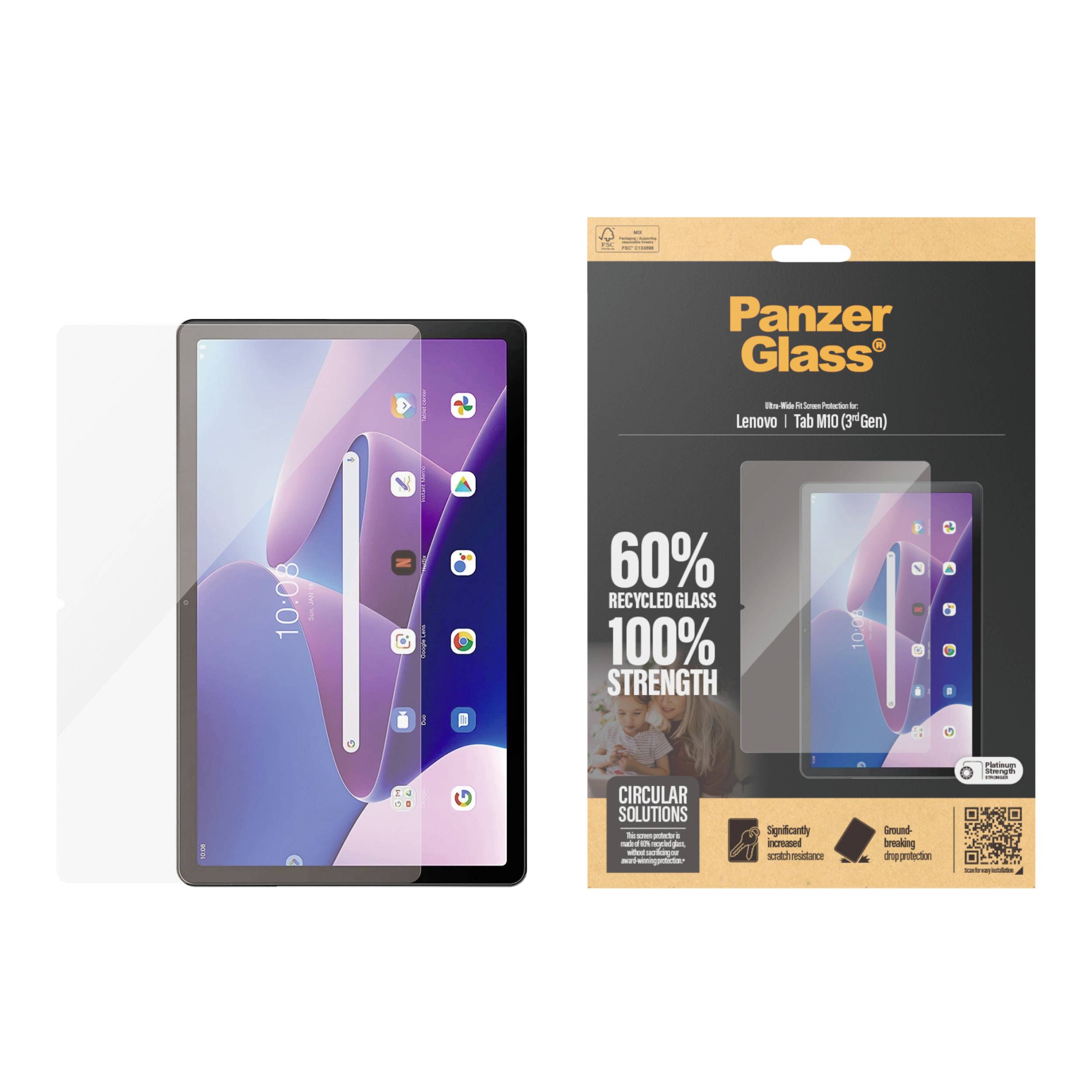 Displayschutzfolie für Lenovo-Tablet, links leicht angewinkelt sichtbar, rechts in Originalverpackung. Verpackung betont 60 % recyceltes Glas und 100 % Stärke.