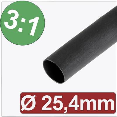 Schrumpfschlauch mit Schrumpfverhältnis 3:1, Durchmesser 25,4 mm. Schwarzer Schlauch auf weißem Hintergrund.
