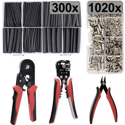 'Assortiment Schrumpfschläuche und Kabelverbinder mit Abisolierzangen in Rot-Schwarz, ideal für elektrische Reparaturen.'