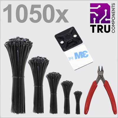 'Satz mit Kabelbindern, Kabelklemmen, Aufklebern und einem Kabelschneider. Marke: TRU COMPONENTS. Insgesamt 1050 Teile.'