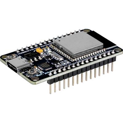 'Mikrocontroller-Board mit USB-C-Anschluss, mehreren Pins und quadratischem Metallchip oben.'