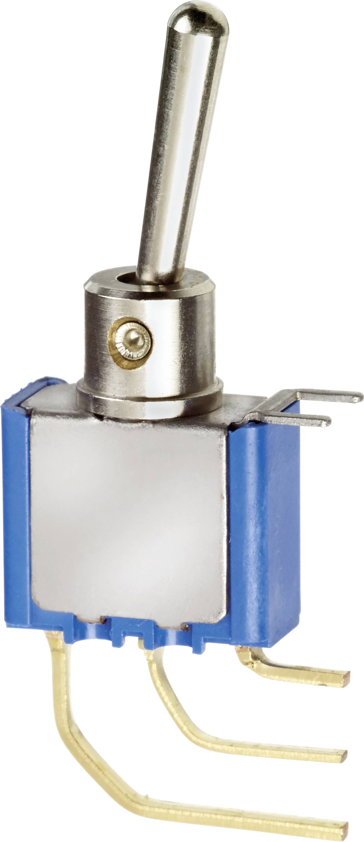 Blauer Kippschalter mit silbernem Hebel, steht aufrecht. Geeignet für elektrische Anwendungen zur Steuerung von Stromkreisen.