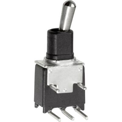 Ein Kippschalter aus Metall und Kunststoff mit mehreren Anschlussstiften unten, geeignet für elektronische Schaltungen oder Geräte.