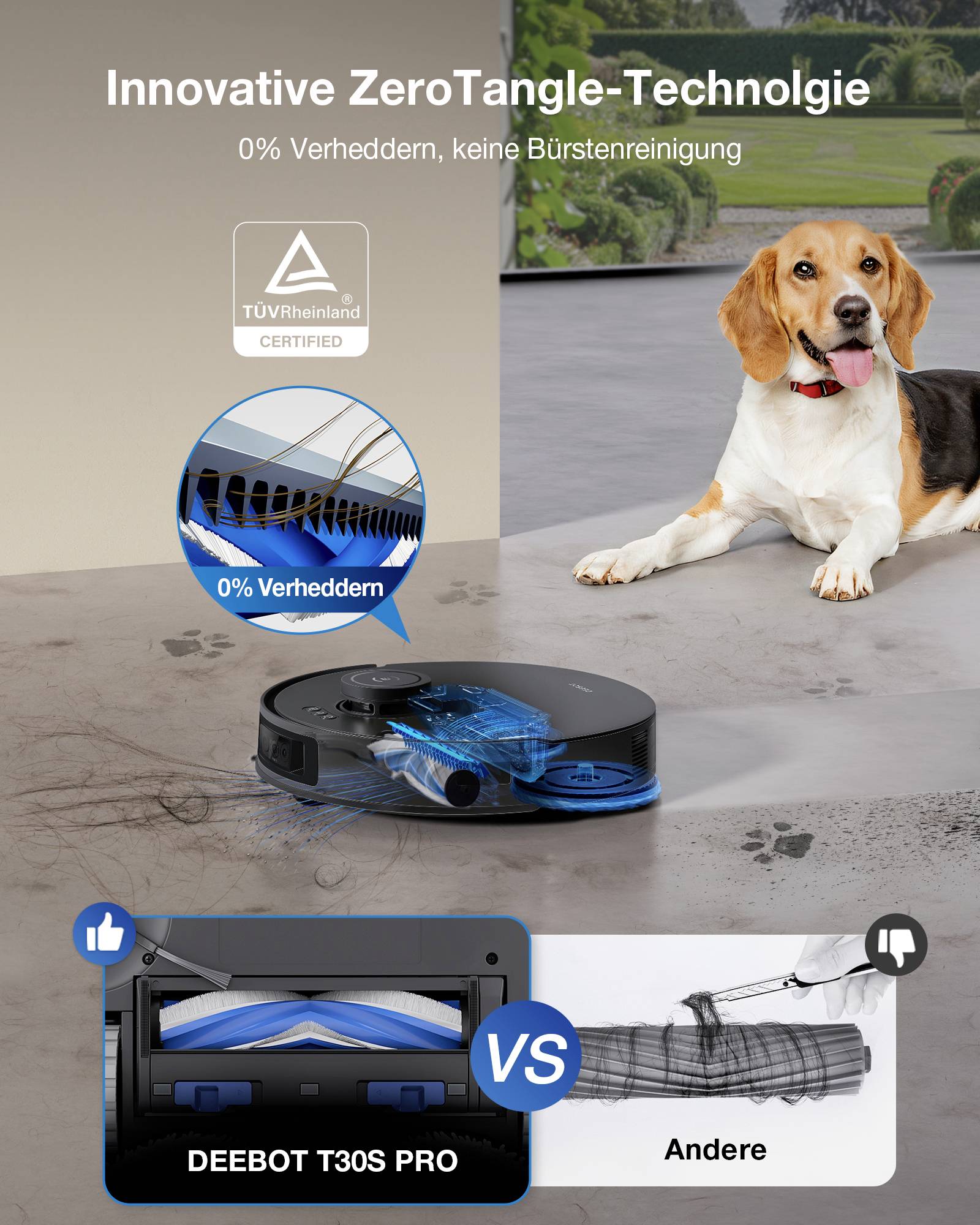 'Staubsaugerroboter mit Anti-Verhedderungs-Technologie. TÜV-zertifiziert. Vergleich zwischen DEEBOT T30S PRO und herkömmlicher Bürste.'