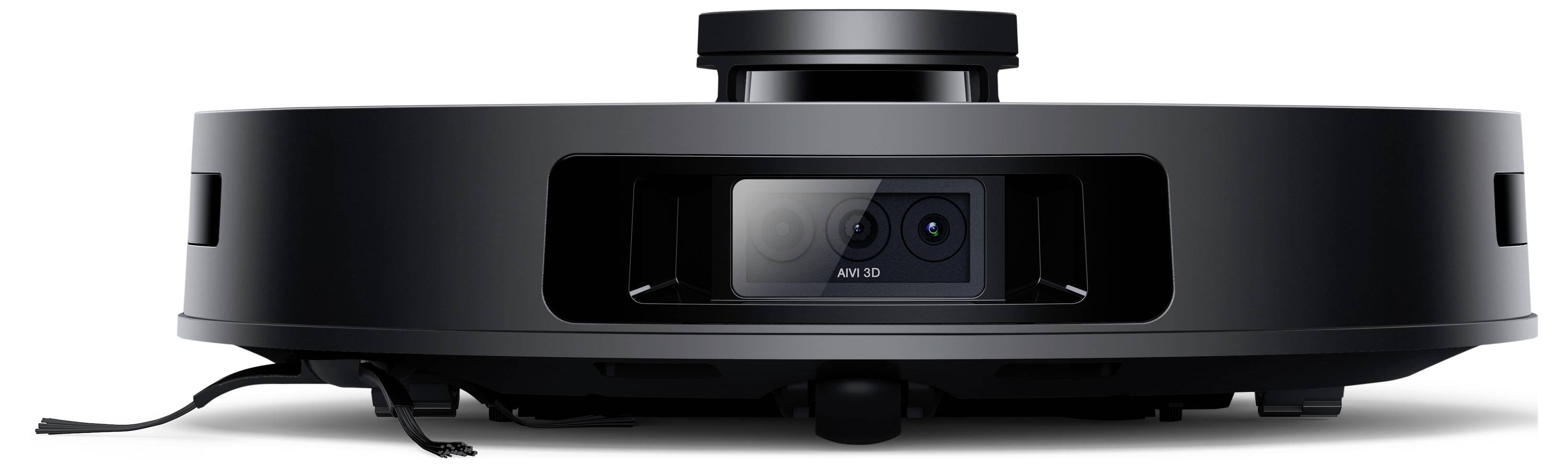 Ein schwarzer Staubsaugerroboter aus Nahaufnahme. Sichtbar ist die Front mit Sensorik.