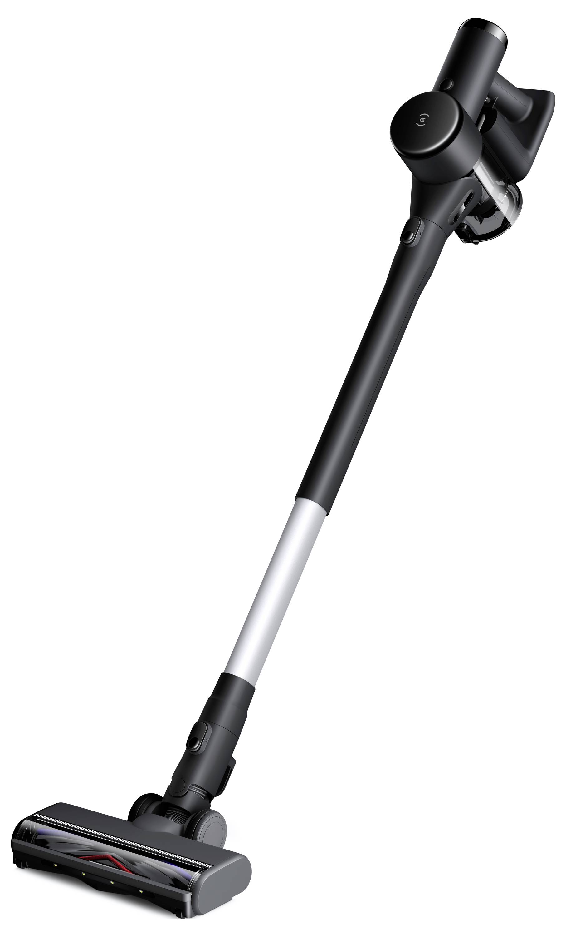 Kabelloser Staubsauger mit langem Griff und Bürstenboden, geeignet für einfache Reinigung von Böden. Moderner, schlanker schwarzer Körper.