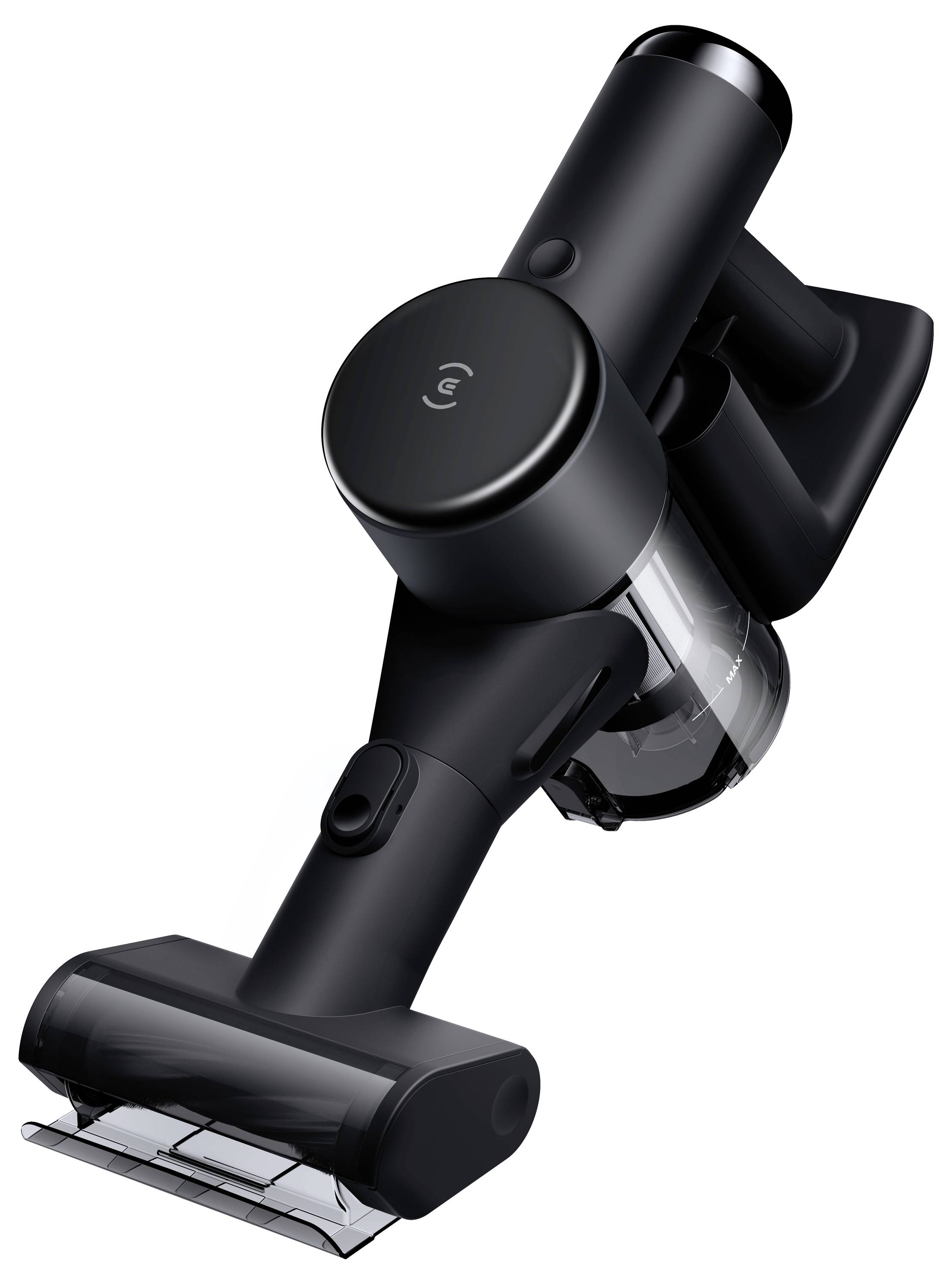 Kabelloser, schwarzer Handstaubsauger in perspektivischer Darstellung. Hauptmerkmale: Schlanke Bauweise, transparenter Auffangbehälter.