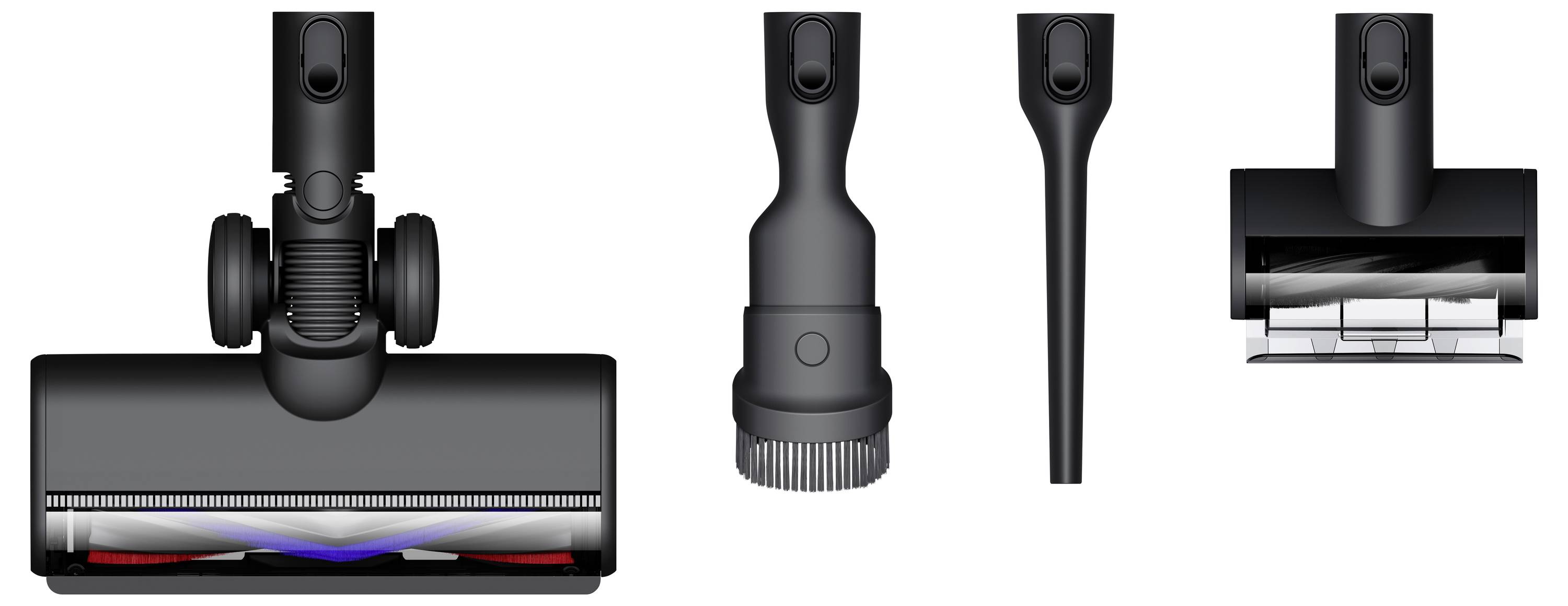 Vier Staubsaugeraufsätze: Walzenbürste, Rundbürste, Fugendüse und Teppichreiniger, gezeigt in einer Reihe nebeneinander.
