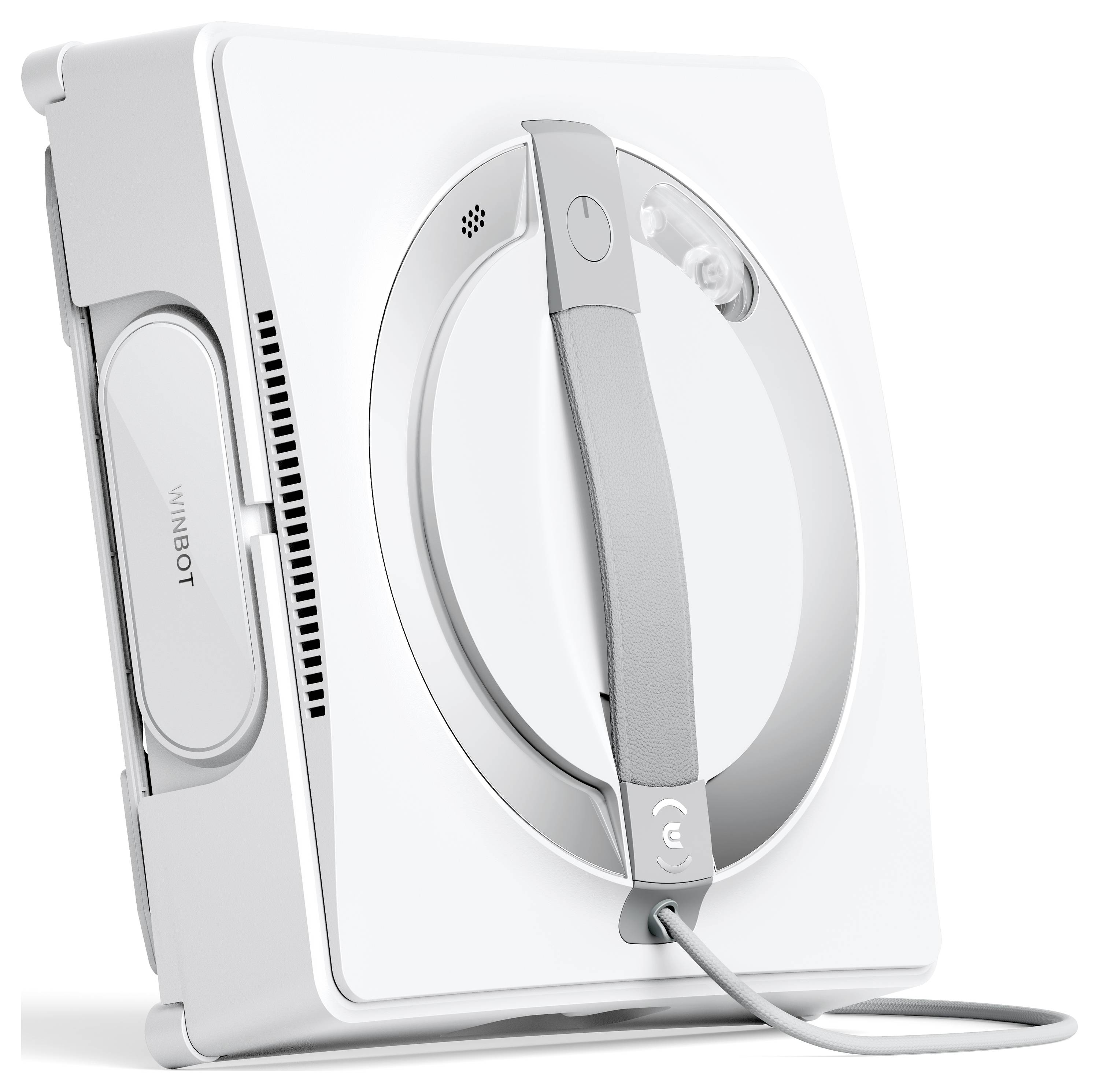 Ein weißer, quadratischer Fensterreinigungsroboter mit grauem Griff, der kabellos bedient wird; Modell: 'Winbot'.