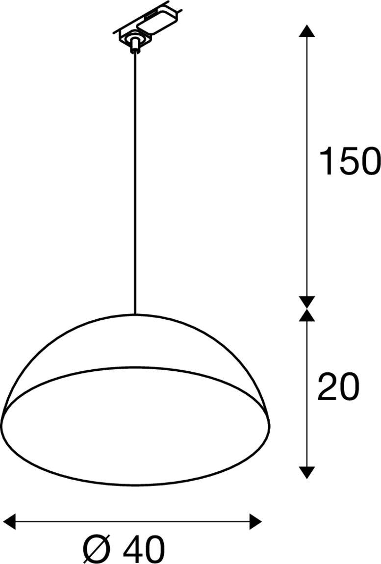 Hängelampe mit kreisförmigem Schirm, Durchmesser 40 cm. Gesamtlänge des Kabels 150 cm, Höhe der Lampe 20 cm.