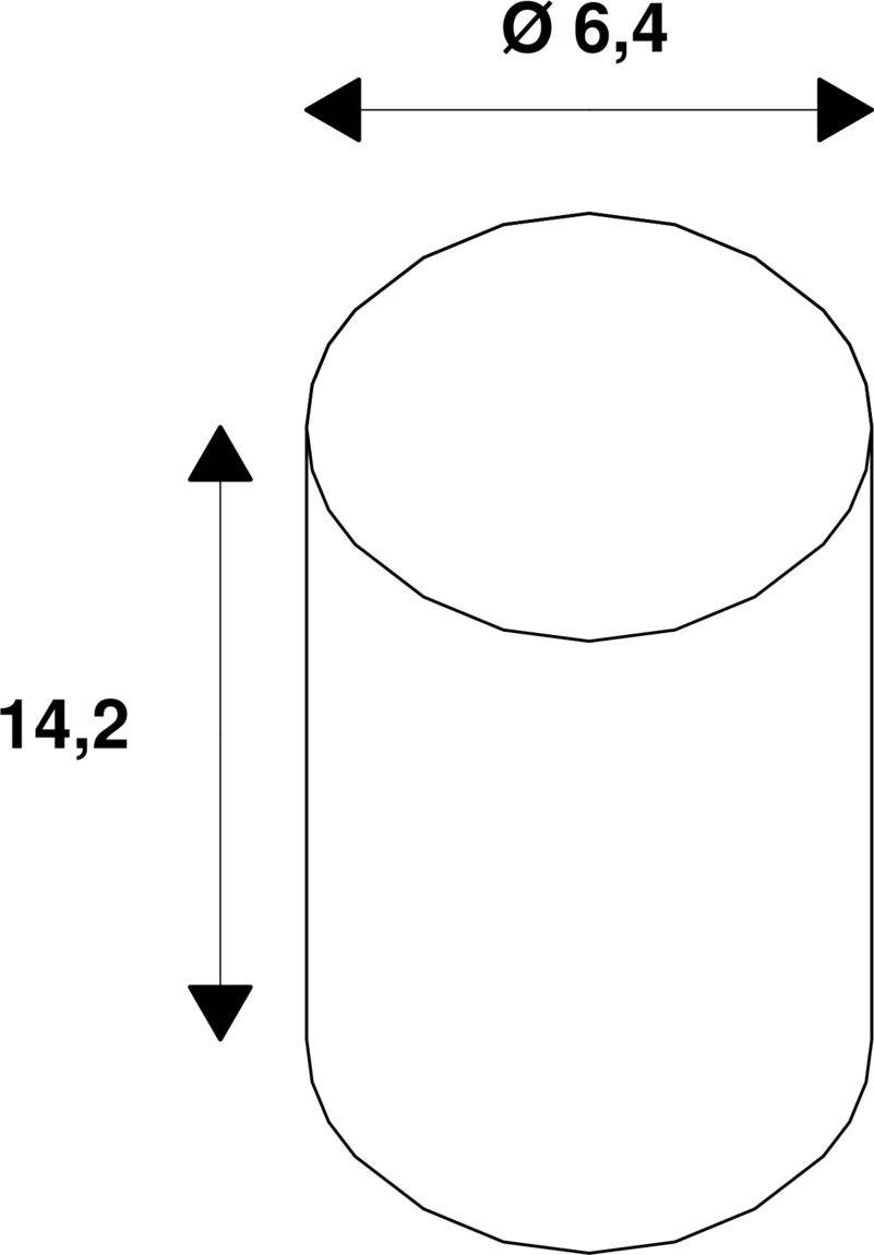 Zylindrische Form mit einem Durchmesser von 6,4 Einheiten und einer Höhe von 14,2 Einheiten, dargestellt von Pfeilen.