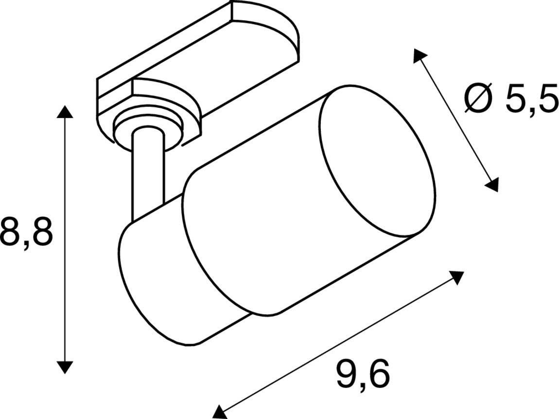 Skizze eines zylindrischen Deckenstrahlers. Maße: Höhe 8,8 cm, Durchmesser 5,5 cm, Länge 9,6 cm.