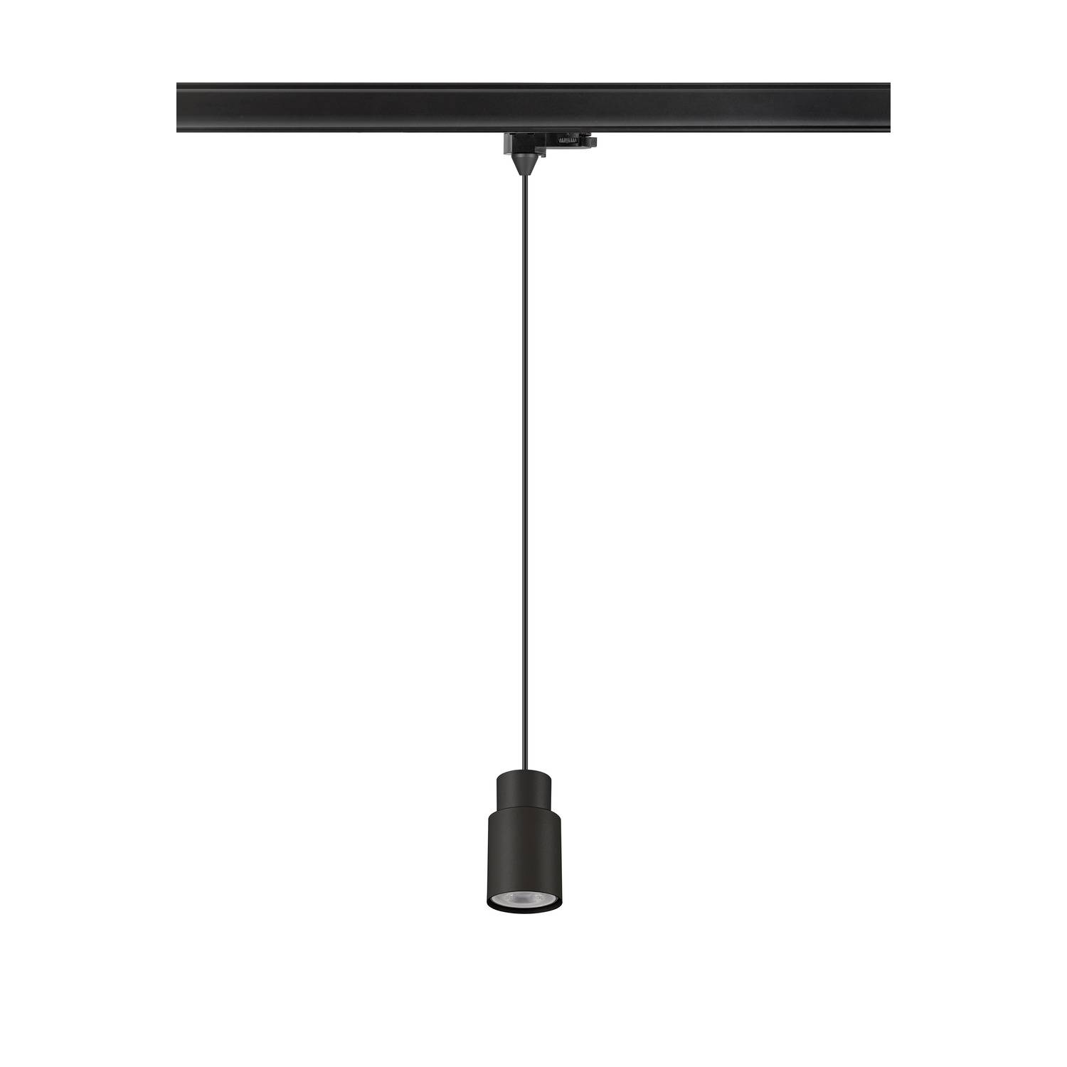 Eine schwarze, moderne Hängelampe, die von einer Schiene an der Decke hängt.
