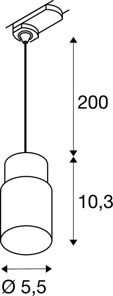 Technische Zeichnung einer zylindrischen Hängelampe. Maße: Gesamthöhe 200 mm, Lampenhöhe 10,3 mm, Durchmesser 5,5 mm.