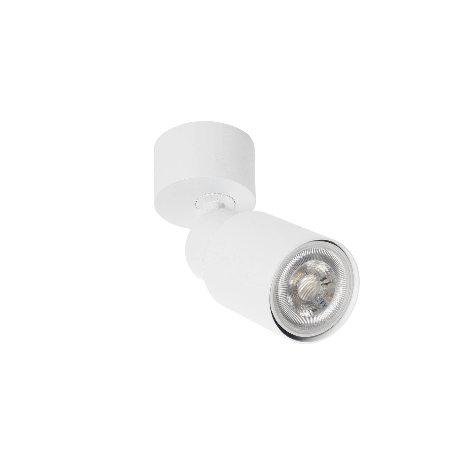 Weiße Deckenlampe mit rundem Gehäuse und einstellbarem Spot. Modernes Design, geeignet für gerichtetes Licht in Innenräumen.