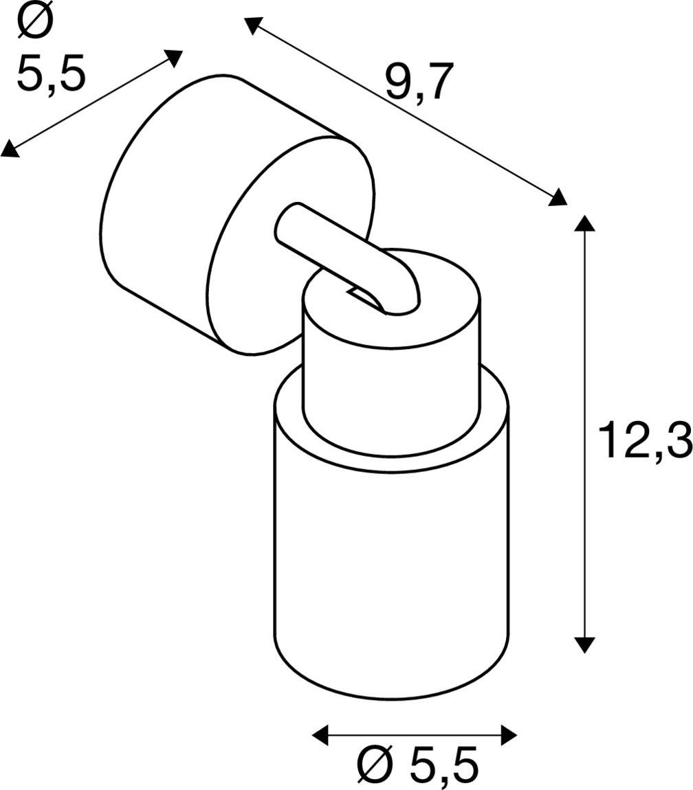 Isometrische Zeichnung eines zylindrischen Steckverbinders mit den Maßen: Durchmesser 5,5 cm, Höhe 12,3 cm, und Breite 9,7 cm.