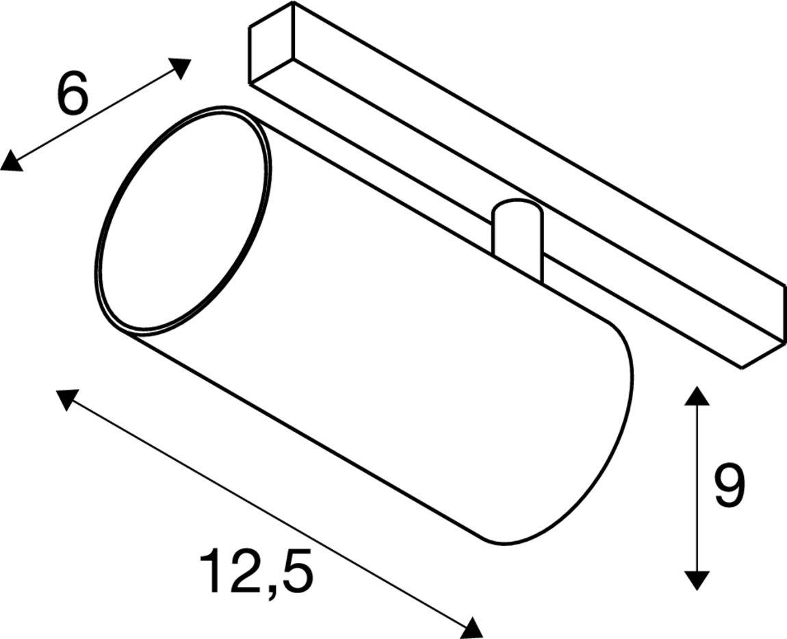 Eine technische Zeichnung eines zylindrischen Deckenstrahlers mit den Maßen: Länge 12,5 cm, Breite 6 cm, Höhe 9 cm.